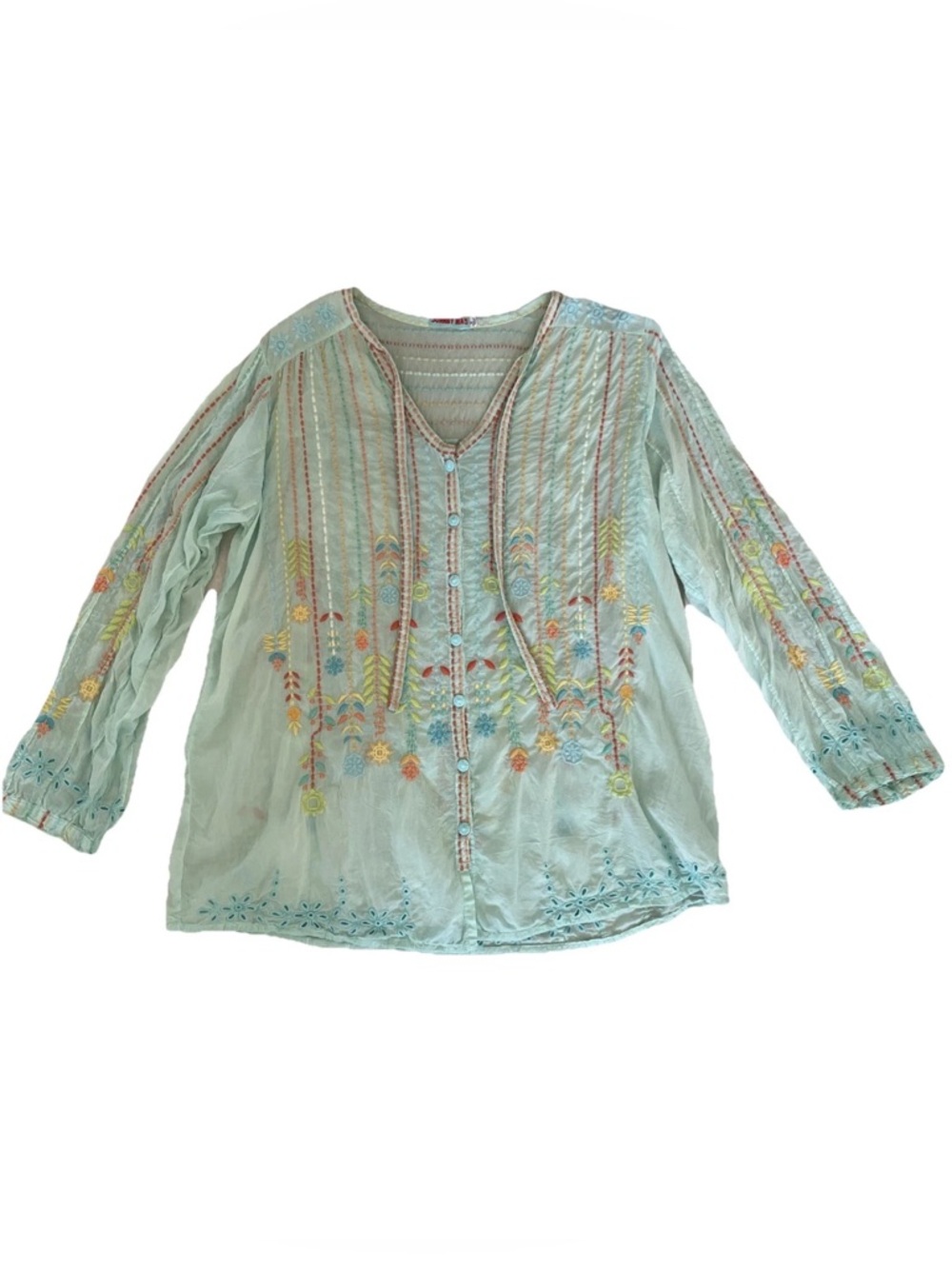 Johnny Was Floral Botanical Embroidered Seafoam Long Sleeve Blouse Top Medium